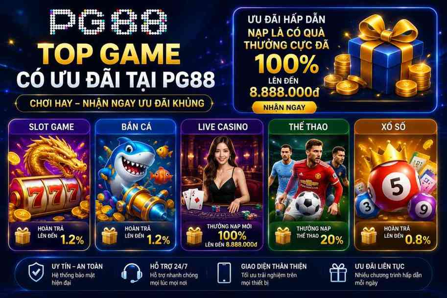 Top game có ưu đãi khủng tại khuyến mãi PG88
Top game có ưu đãi siêu đỉnh tại PG88